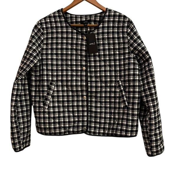 Very J NWT Black and White Windowpane Bomber Quilted Snap Button Jacket Pockets - Picture 1 of 6